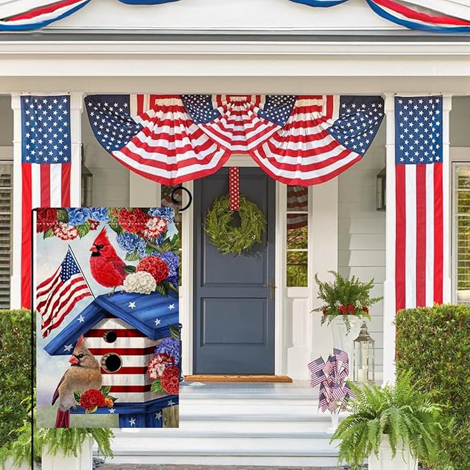 BLKWHT 4th of July Cardinal Bird Garden Flag 12x18 Vertical Double Sided Red Blue Floral Memorial Day Independence Day Holiday Outside Decorations Burlap Yard Flag BW824