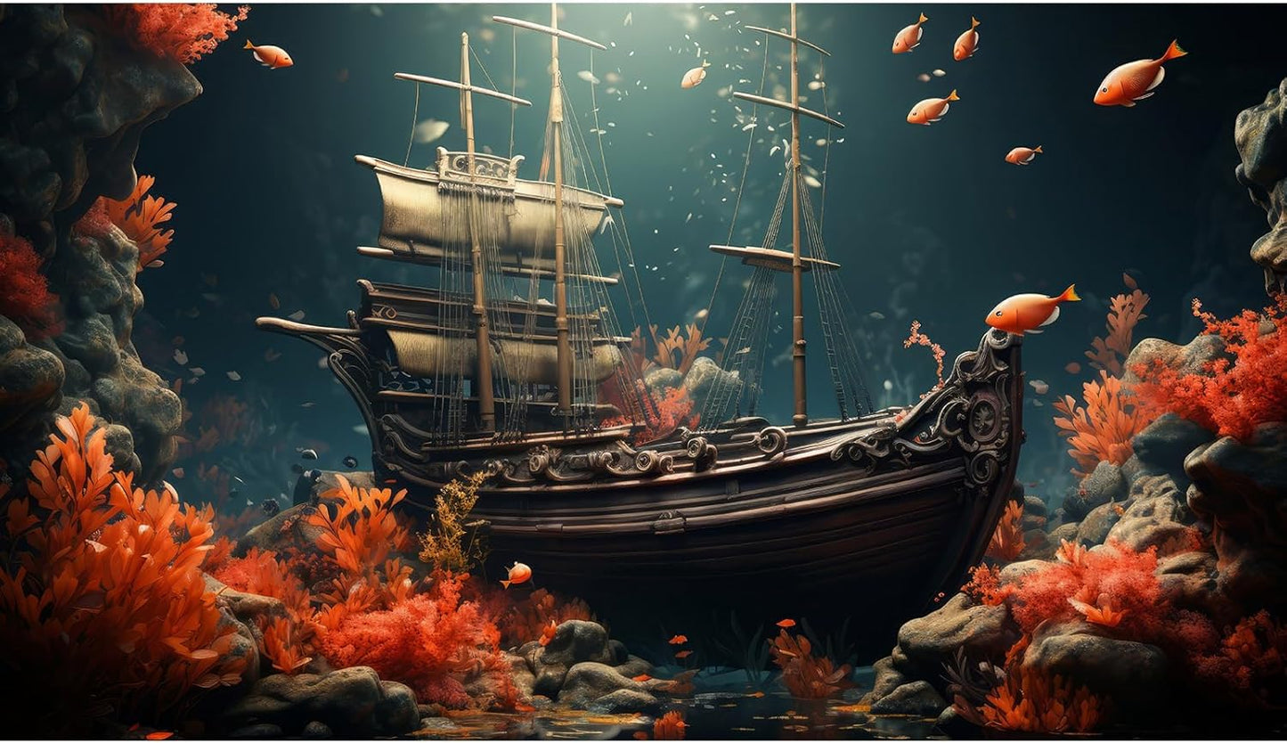 Pirate Shipwreck Aquarium Background Under The Sea Coral Reefs Fish Tank Background Underwater Sunken Ship Landscape Terrarium Background Tropical Sea Marine Life Aquarium Tank Background 24x12in