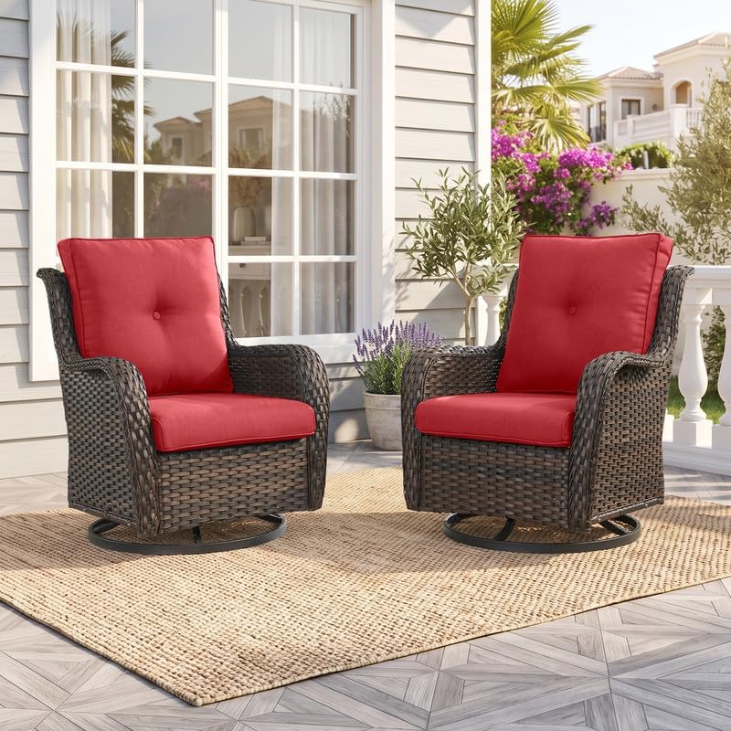 2 Pieces Outdoor Wicker Swivel Rocker Patio Chairs Set of 2, Cushions Red by Rilyson