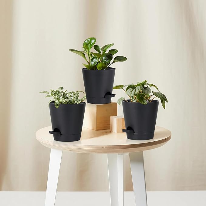 5 Pack 5 inch Self-Watering Pots, African Violets Planter with Drainage Holes and Reservoir, Black Plastic Planter for Indoor Outdoor Plants Flowers and Houseplants Black, 5 inch 5 pcs