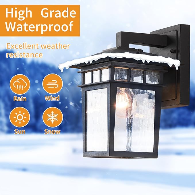 Outdoor Wall Lantern, Exterior Lighting Fixtures Wall Mount, 2 Pack Black Outdoor Sconce with Seeded Glass, Exterior Porch/Patio Lights for House Front Door Garage