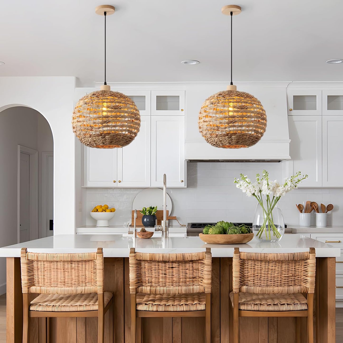 Boho Pendant Lights Kitchen Island Rattan Lights Fixture for Dining Room 15.8" Hand-Woven Chandelier Weaving Hanging Ceiling Light for Restaurant Living Room Bedroom Foyer Hallway