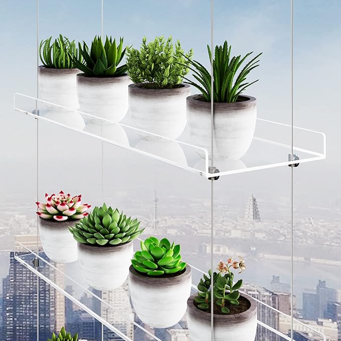 4-TierClear Plant Shelves, Height Adjustable Hanging Acrylic Indoor Wall Hanging Plant Stand Flower Display, Flower Pot Organizer Storage for Window Grow Herbs, Microgreens, Succulents, 16 Inch