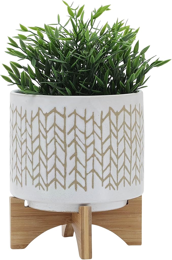 8" Ceramic Planter Stand, Ivory/Beige Chevron with Wooden Base, Indoor/Outdoor Planter with Stand for Your Succulents and Small Plants