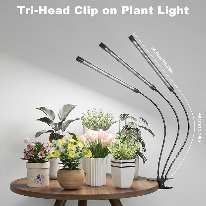 Super Bright Plant Grow Light Clip-on, 6000K Full Spectrum Gooseneck Growing Lamp with White Red Blue LEDs for Indoor Plants, Dimmable, Auto On/Off Timer 4/8/12Hrs, Independent Control Light Bars