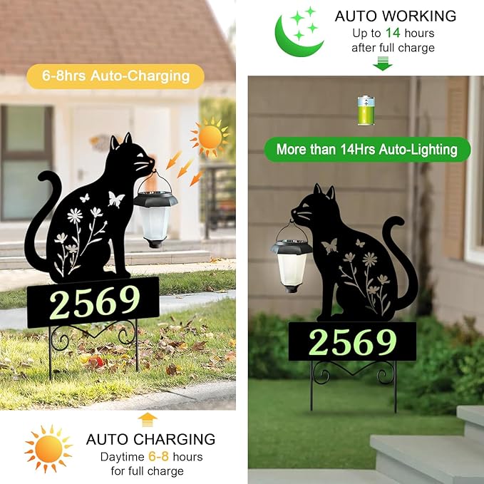 Address Signs for Houses,YY Gardenia Solar Lantern Garden Stake with Glow in the Dark House Numbers-Waterproof Outdoor Yard Sign with Solar Power-Elegant Garden Decor (Cat Black)