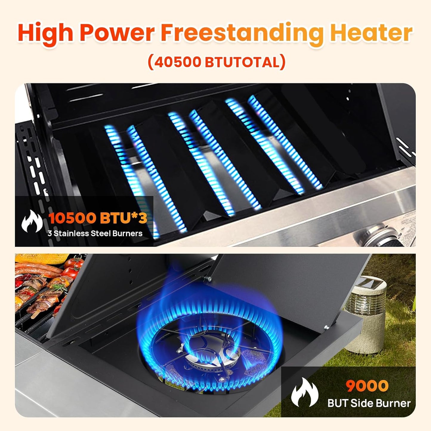 3-Burner Propane Gas BBQ Grill with Side Burner, Porcelain-Enameled Cast Iron Grates and Grills Cover, 40,500 BTU Stainless Steel Grill for Outdoor Camping Barbecue Grilling Backyard Cooking