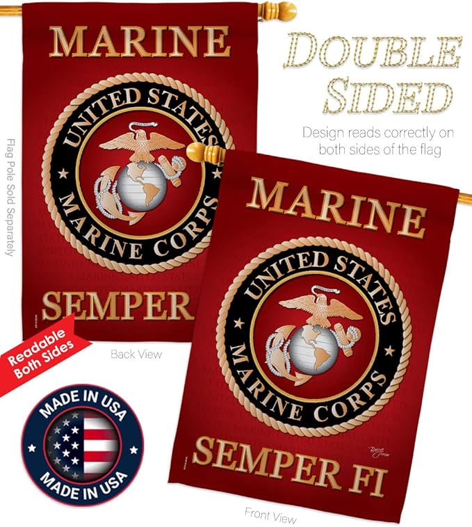 Marine Corps House Flag - Pack Armed Forces USMC Semper Fi United State American Military Veteran Retire Official USA Vintage Applique - Banner Small Garden Yard Gift Double-Sided Made In 28 X 40