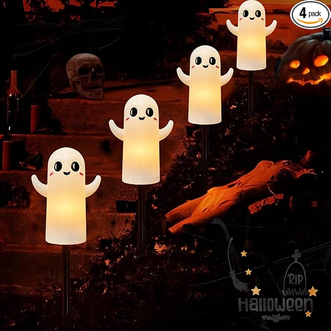 4 Pack Halloween Smiley Elves Pathway Lights, 7Ft Outdoor Halloween Decorations Lights with LED Smiling Ghost Yard Stakes Lights for Outdoor Garden Walkway Patio Backyard Halloween Party Decor