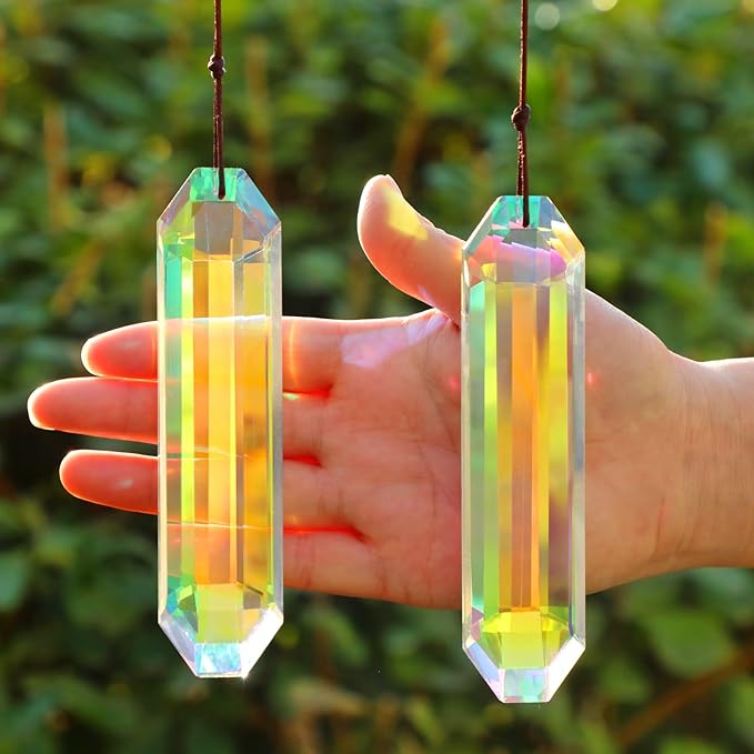 2 Pack 5" Large Crystal Sun Catchers, HYBEADS Hanging Ornaments for Windows Retangle Prism Suncatchers for Garden Home Decor Office Living Room Windows Crystal Rainbow Maker