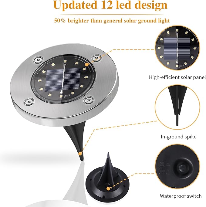 Solar Lights Outdoor Waterproof, 12 Packs Bright Solar Ground Lights with Updated 12 LEDs, Solar Garden Lights Landscape Lights for Pathway Walkway Driveway Patio Yard Deck Lawn Decor (Cold)