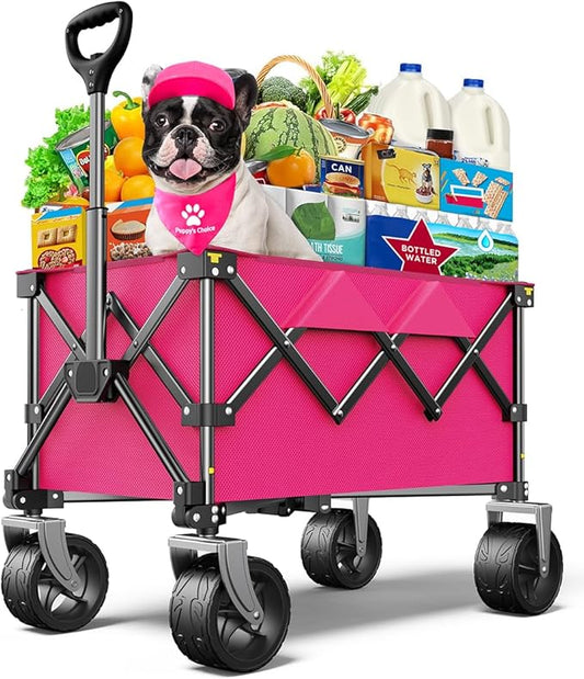 Beach Wagon,Collapsible-Wagon 220lbs with Big Wheels FoldableWagon Carts,Portable Utility for Garden Grocery Sports Camping All Terrain-Pink