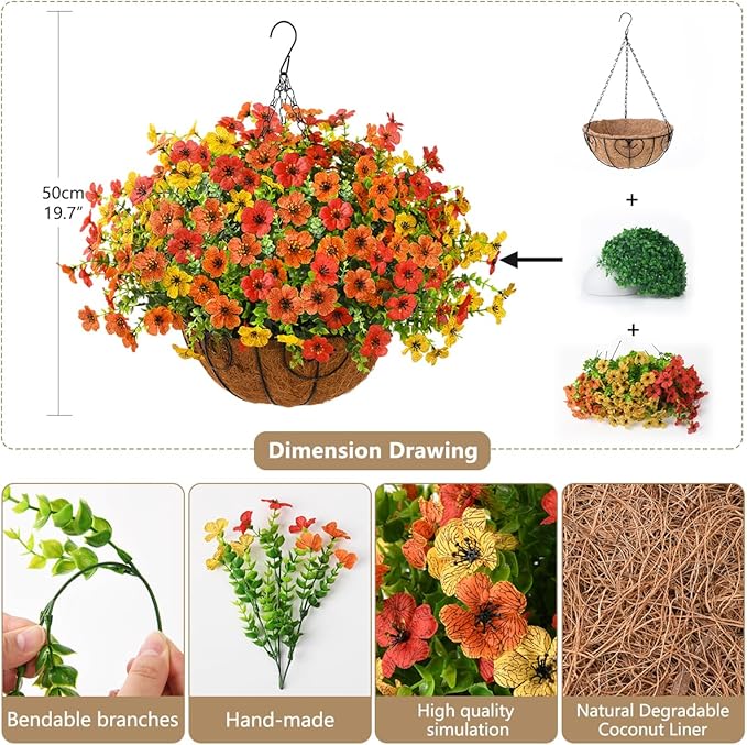 Artificial Faux Hanging Plants Flowers Basket for Spring Outdoor Decoration, Fake Silk Daisy in Planter Realistic UV Resistant Look Real for Porch Home Patio Balcony Yard(Red Orange Yellow)