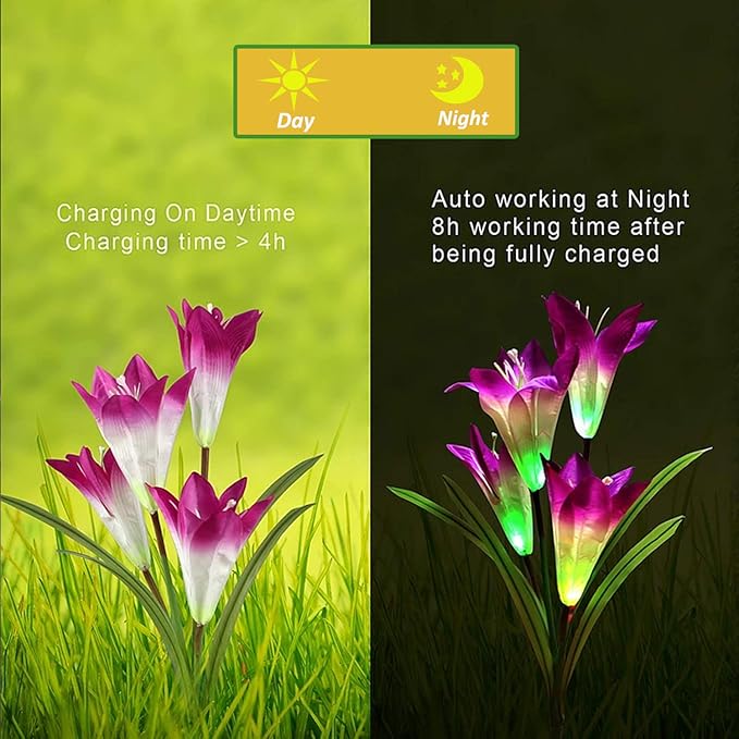 ANGMLN 6 Pack Solar Flowers Lights,24 Bigger Head Solar Lily Flowers, 7 Color Changing Pathway Lamps for Garden Patio Yard Party Wedding Holiday Outdoor Garden Stake Decoration (Purple2&White2&Pink2)