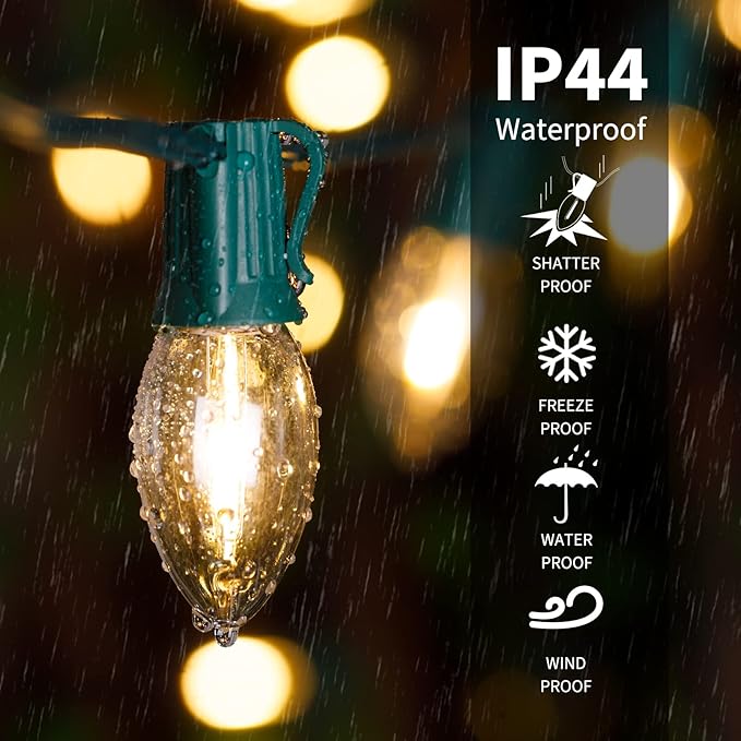 Vintage C9 LED Christmas Lights Outdoor, 100 Feet C9 String Lights with 100 LED C9 Plastic Bulbs, Waterproof Connectable Lights for Christmas Tree Roofline Garden Patio Backyard Decor, Warm White