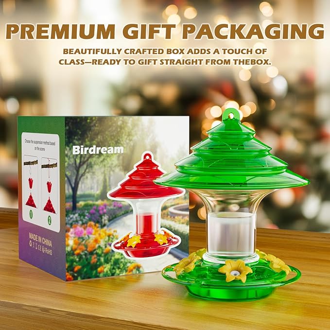 Birdream Hummingbird Feeder for Outdoors Hanging, 20oz Hummingbird Feeders with 5 Bee Guard Feeding Ports & Built-in Ant Moat Brush Leak-Proof for Outside Gifts for Women - Green