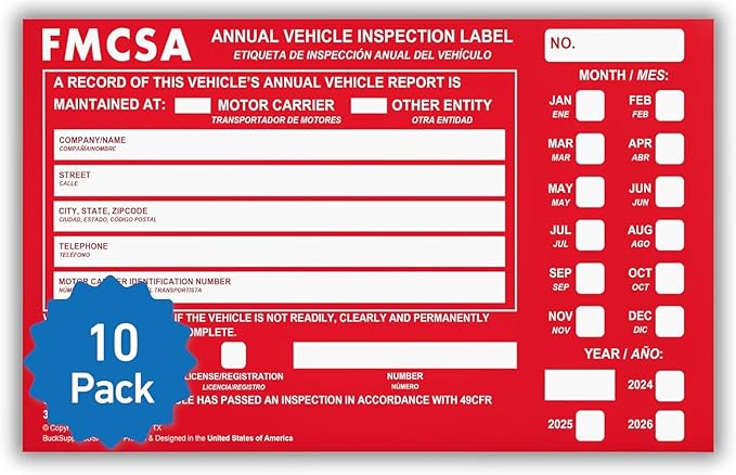 10 Pack Buck Aluminum Annual Vehicle Inspection Label with Punch Boxes, 2 Mil Red FMCSA Self Adhesive Sticker, DOT Compliant, Weatherproof, Tear Resistant, Easy to Write On, 6" x 3.5" - Made in USA