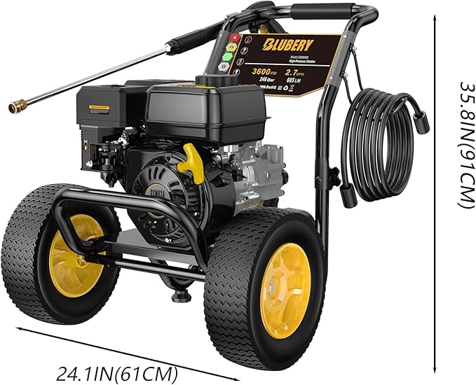 BLUBERY 3600 PSI Gas Pressure Washer, 2.7 GPM Heavy Duty High Power Washer, 30Ft Pressure Hose&Soap Tank,5 Pressure Nozzles,Black