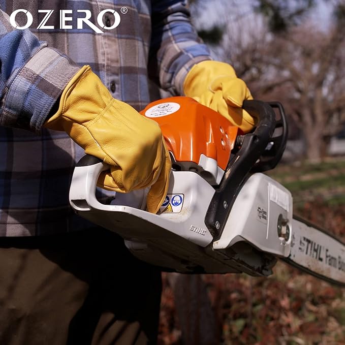 OZERO Flex Grip Leather Work Gloves Stretchable Wrist Tough Cowhide Working Glove 1 Pair (Gold, Large)