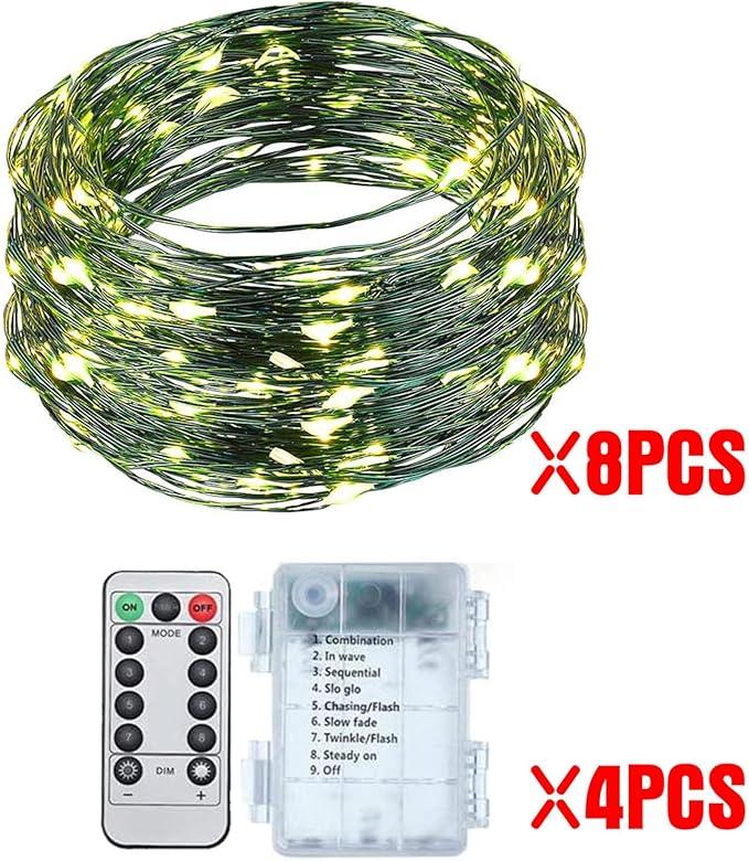 8 Pcs Battery Operated String Lights Outdoor String Lights 33 ft 100 LED Warm White Wire Green Battery Operated Fairy Lights with 8 Modes for Christmas Garden Patio Tree Decorations(8 Pcs,33 ft)