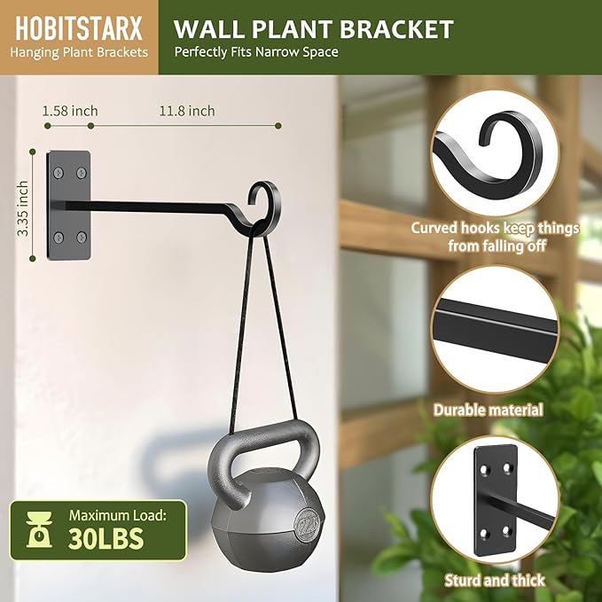 Heavy Duty Plant Hangers Outdoor- Hand-Forged Hanging Plant Brackets - 2 Pack 12 Inch Black Wrought Iron Wall Plant Hooks for Hanging Plants, Lanterns, Bird Feeders