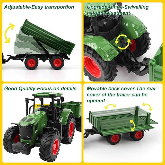 Farm Animal Tractor Toys Playset-16.5 Inches Tractor with Trailer Fence,Farmer,Tree,Cow,Farm Toy Set for Boys Girls Kids Toddlers Age 3-7 Years Old