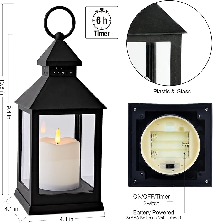 Vintage Lantern Decorative LED Flickering Flameless Candle with Timer, Battery Powered LED Decorative Hanging Lanterns for Indoor Outdoor Garden Yard Home Decor(2 Pack)