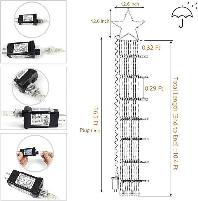 cerflyer (New) Christmas Decoration, String Lights with 12/'' Iron Star Tree Topper, 320 LED 8 Modes Waterproof Indoor Outdoor for Home, Christmas, Holiday - Warm White, YLS1000WD01