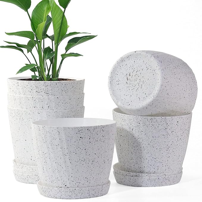 7 Inch Plant Pots Bulk, 6 Pack Plastic Planters with Drainage Holes and Saucers for Indoor Outdoor House Plants and Flowers, White Speckles