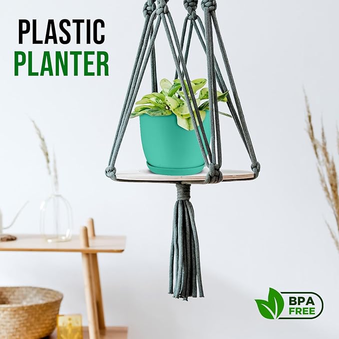 Planter Pots with Drainage Holes - Lightweight, Durable, and Space-Saving Pots for Indoor and Outdoor - Versatile Functionality, Simple Modern Design, Set of 5 Plastic Planter Pots - Aqua