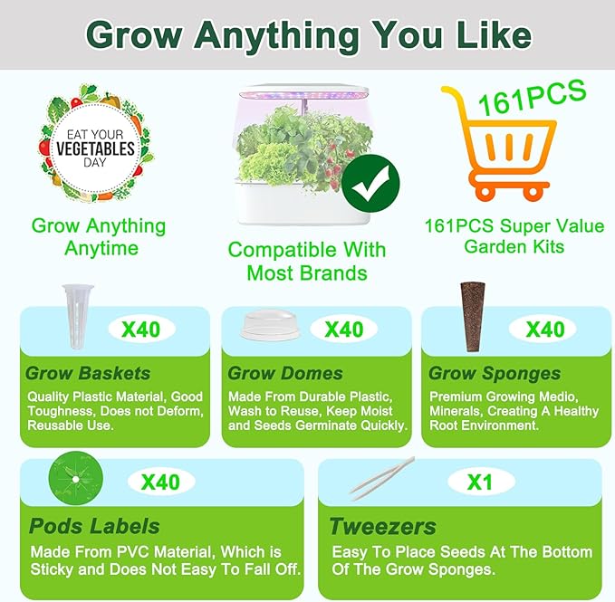 161PCS Hydroponic Pod Kit for Aerogarden and All Brands Growing System, Grow Anything Kit with 40 Grow Sponges, 40 Grow Baskets, 40 Grow Domes, 40 Pod Labels, 1 Tweezer, Herb Garden Planter Indoor Kit
