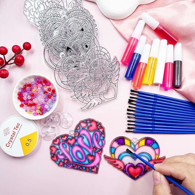 AUEKIV 30 Sets Valentine's Heart Suncatchers Craft DIY Kit Window Paint Art Suncatchers Valentine's Day Heart Sun Catcher Art Crafts Supplies for Valentine Gift Exchange Classroom Activities