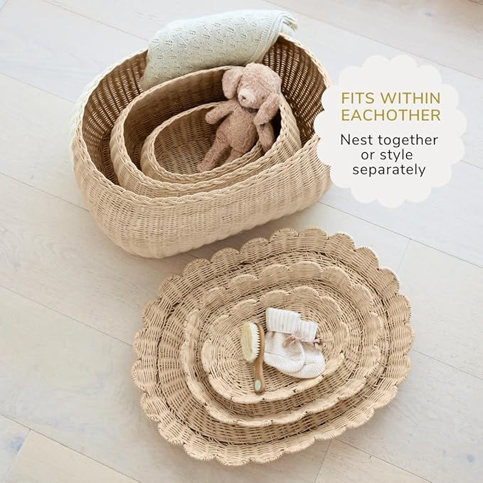 BEBE BASK Large Scalloped Basket Set Of 3 - Hand-Woven & Award-Winning Scallop Basket - XL - Extra Large for Blankets 22 x 16 x 10 In - Elegant Wicker With Scalloped Edge Lid (Natural)