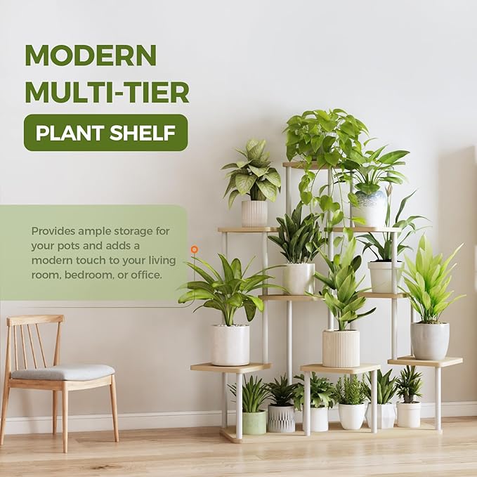 Bamworld Large Plant Stand Indoor, 9 Tier Tall Metal Plant Shelf for Multiple Plants, Tiered Flower Stand for Patio Garden Balcony Living Room Bedroom(White)