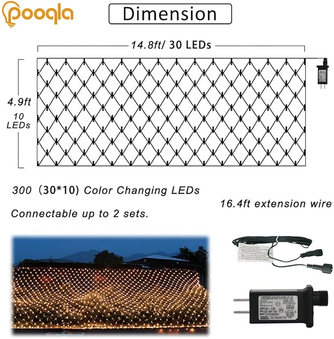 Pooqla Net Lights, 300LED Christmas Outdoor Mesh, 14.8x4.9 ft Fairy String 8 Modes Green Wire, Connectable Waterproof Decorative for Bushes Tree Garden Halloween, Warm White