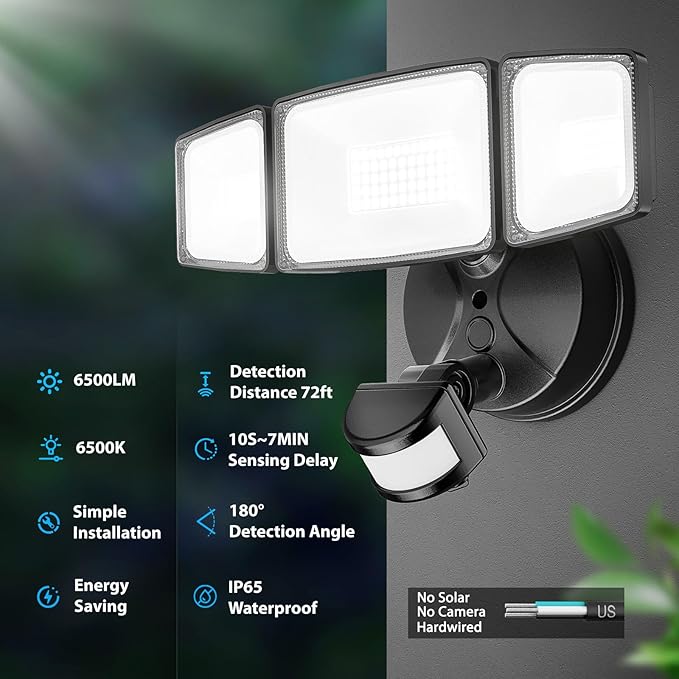 Onforu 3 Pack 65W LED Motion Sensor Outdoor Lights, Security Light Motion Outdoor Flood Light Fixture Detection Detector, 3 Adjustable Heads 6500LM 6500K IP65 Waterproof Exterior Garage Yard (Black)