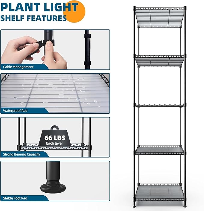 Barrina Plant Shelf with Grow Light, 5-Tier, Plant Stand with 40W Ultra-Thin Grow Light Panel for Hydroponics, Seedlings, Succulents, Flowers, Veg, 3/6/12h Timer, 15.7" L x 11.8" W x 59.1" H