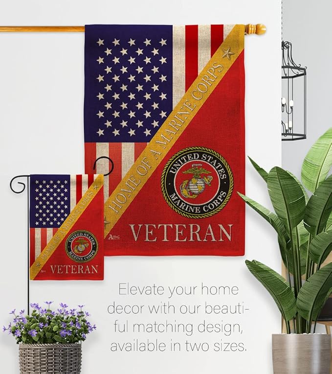Home of Marine Corps Burlap Garden Flag - Set with Stand Armed Forces USMC Semper Fi United State American Military Veteran Retire Official House Banner Cemetery Yard Rememberance Veterans Day Gifts