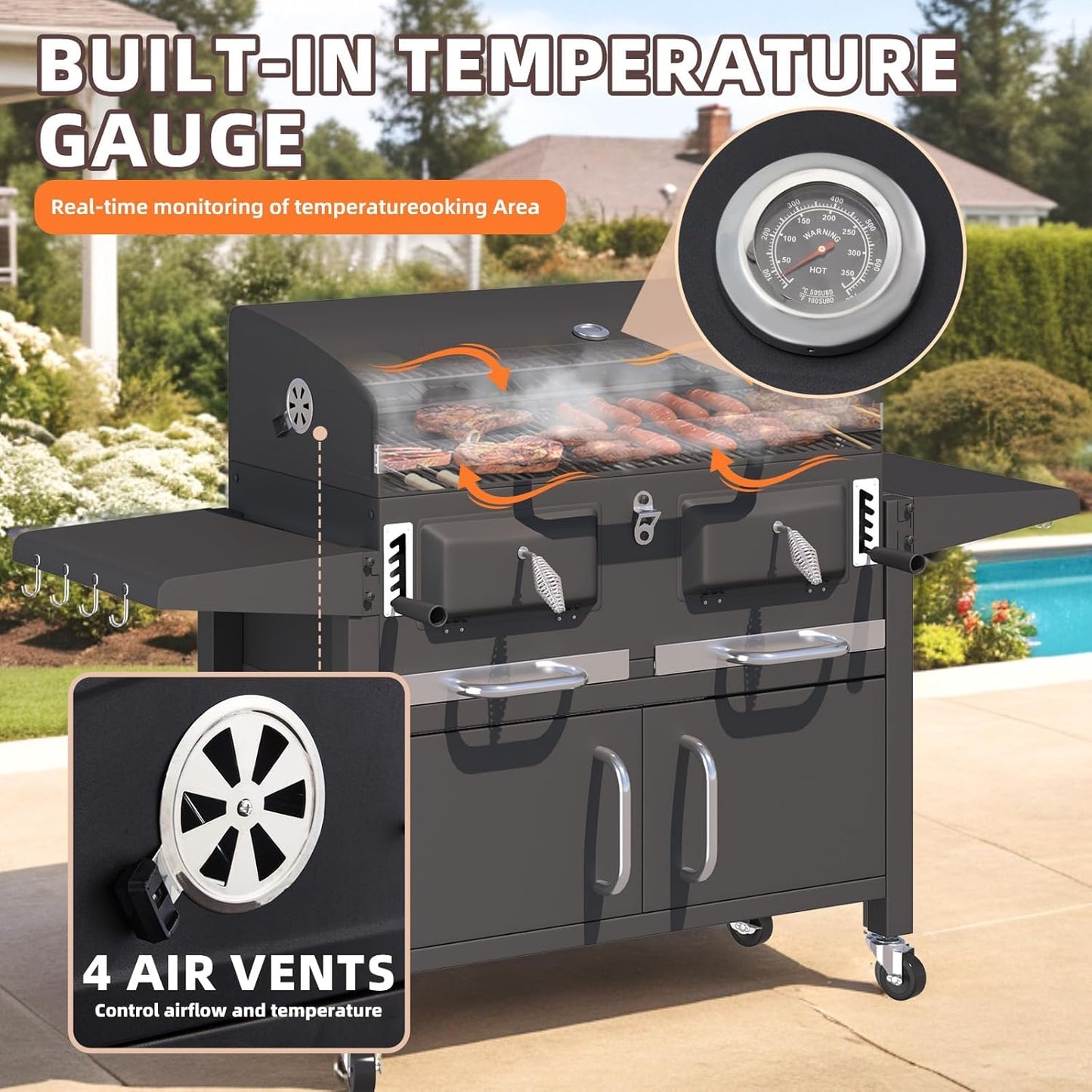 MELLCOM 36 In Extra Large Charcoal Grill - 620 Sq.In Oversized BBQ Area with Storage Cabinet & Individual Lifting Charcoal Trays, Thermometer and Foldable Side Tables for Outdoor