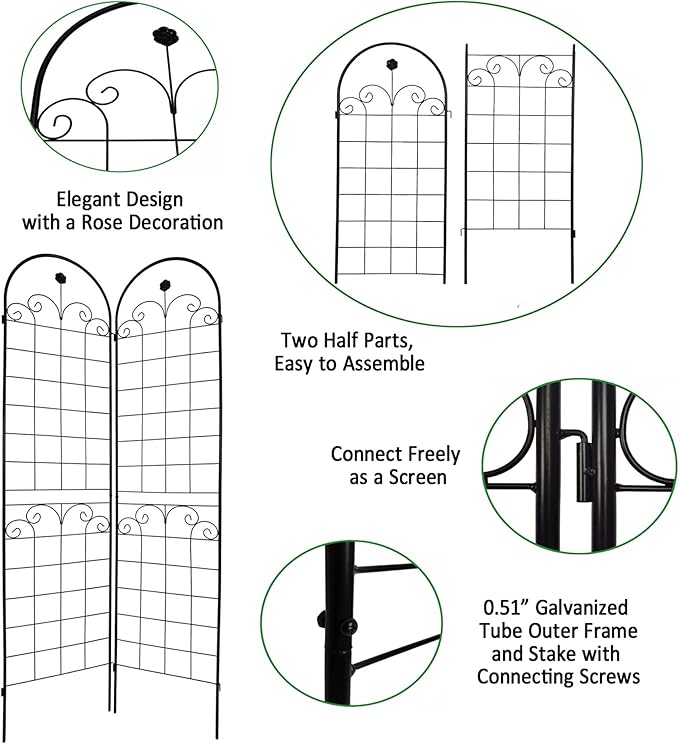 4 Pack Metal Garden Trellis 86.7" H Garden Fence Rustproof Trellis for Climbing Plants Support Roses Flower Outdoor Lawn, Black Galvanized Tube
