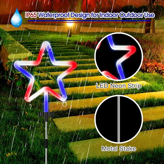 4 Pack Red White and Blue Solar Light Outdoor, 4th of July Decorations Patriotic Lights with Big LED Neon Star, Garden Stake Pathway Lights with 8 Modes for Independence Day Memorial Day Decor