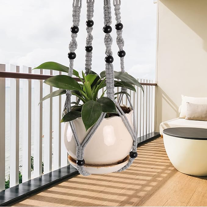 3-Pack Macrame Plant Hanger Indoor - Hanging Planter Basket for Indoor Outdoor - Decorative Boho Plant Holders Set with Beads - Ceiling Flower Pot Holder with 6 Hooks - 35"/30"/24" Gray