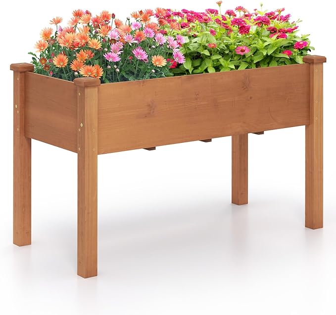 Giantex Raised Garden Bed, Elevated Wood Planter Box with Protective Liner and Drain Hole, Gardening Planter Raised Bed for Planting Vegetables Flowers Succulents Herbs, 49" Lx23 Wx30 H