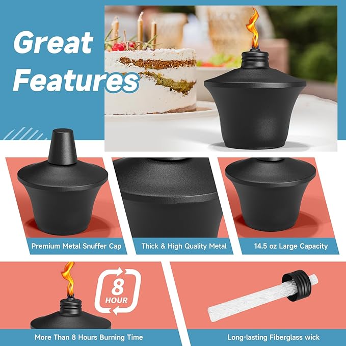 4-Pack Citronella Tabletop Torches, 14.5 oz Table Top Torches for Outdoor, Metal Oil Burner Candles, Garden Torches with Fiberglass Wick for Yard, Patio, Deck, Garden, Party, Landscape
