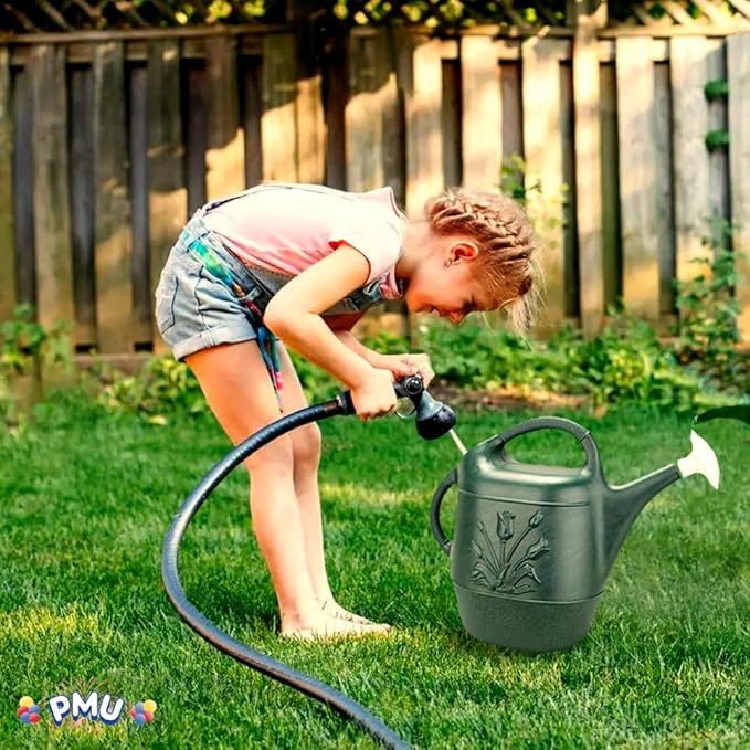 PMU 2 Gallon Watering Can - Garden Watering Can for Indoor & Outdoor Plants - Plastic Water Can with Detachable Sprinkler Head - Large Water Pot, Made in USA - Hunter Green Pkg/3