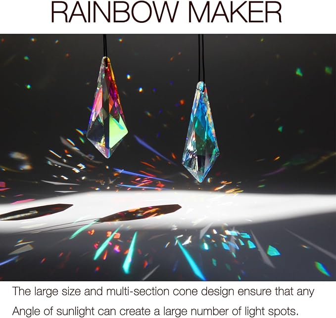 2PCS 5" Large Lanky Cone Crystal Sun Catcher Prisms, STINO Hanging Suncatchers with Glass Prism, Rainbow Maker for Windows, Balcony, Kitchen, Garden Decoration (1, Lanky Cone 2Pcs)