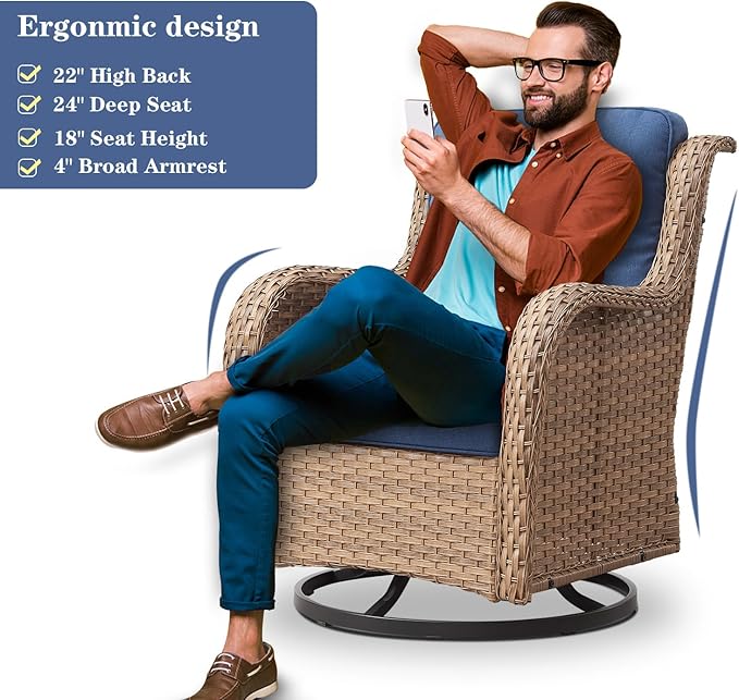Outdoor Swivel Rocker Patio Chairs - 360 Degree Swivel Glider Seating 350LBS Weight Capacity Wicker Rocking Chairs Set of 2 with Removable Cushion for Porch Balcony Deck, Yellow/Blue