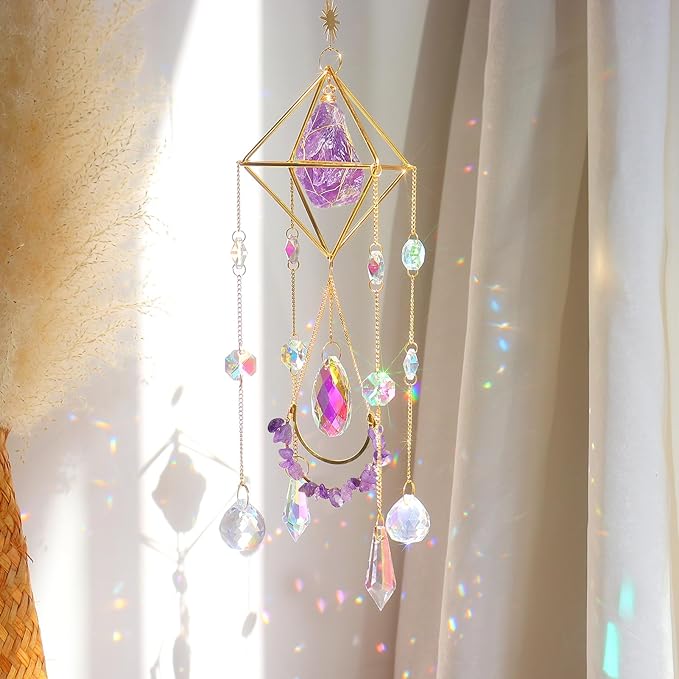 Amethyst Crystal Suncatcher - Hanging Gold Plated Garden Sun Catcher for Windows, Healing Amethyst Crystal Decor for Home, Gift for Christmas Birthday Valentine Mothers Day