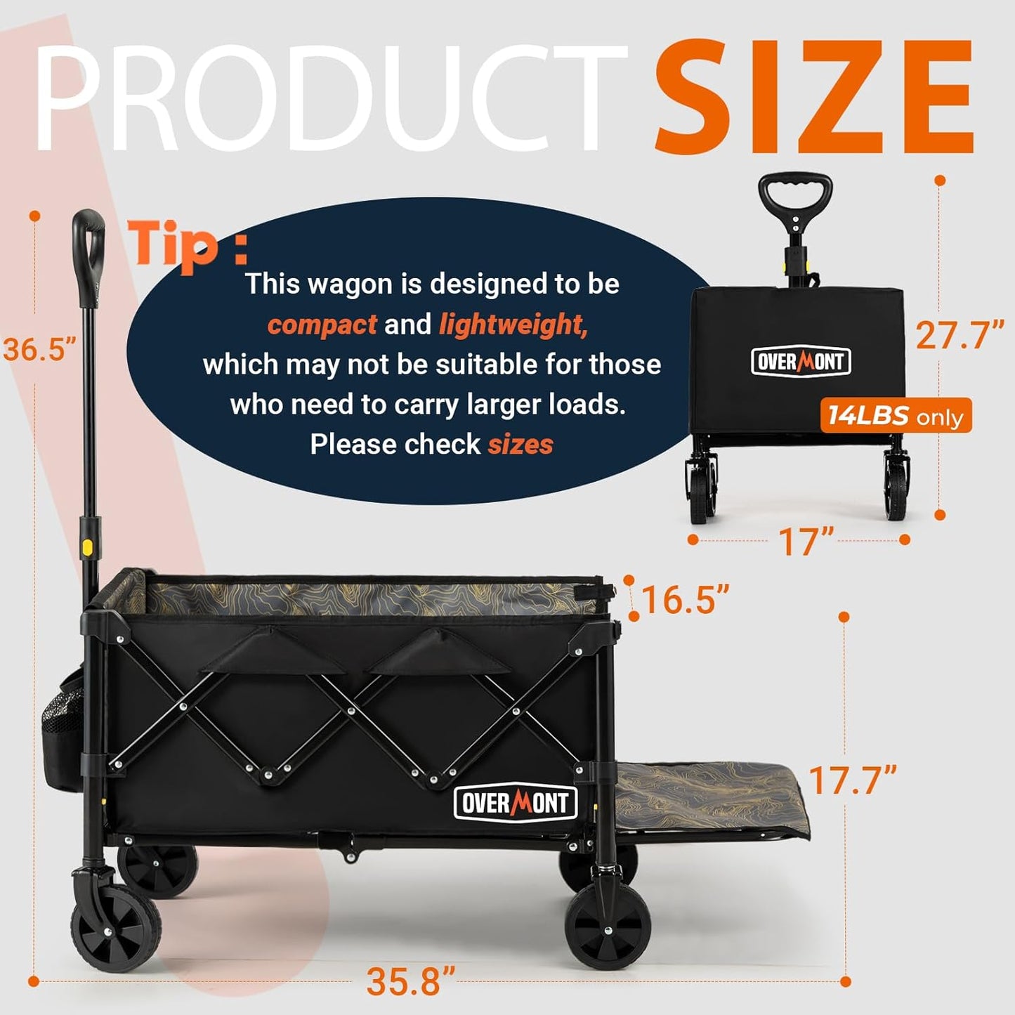 OVERMONT Collapsible Wagon with Tailgate - 220lbs Extended Lightweight Foldable Utility Wagons Folding Cart with Wheels - Small Garden Grocery Cart for Shopping,Grocery,Sports,Garden