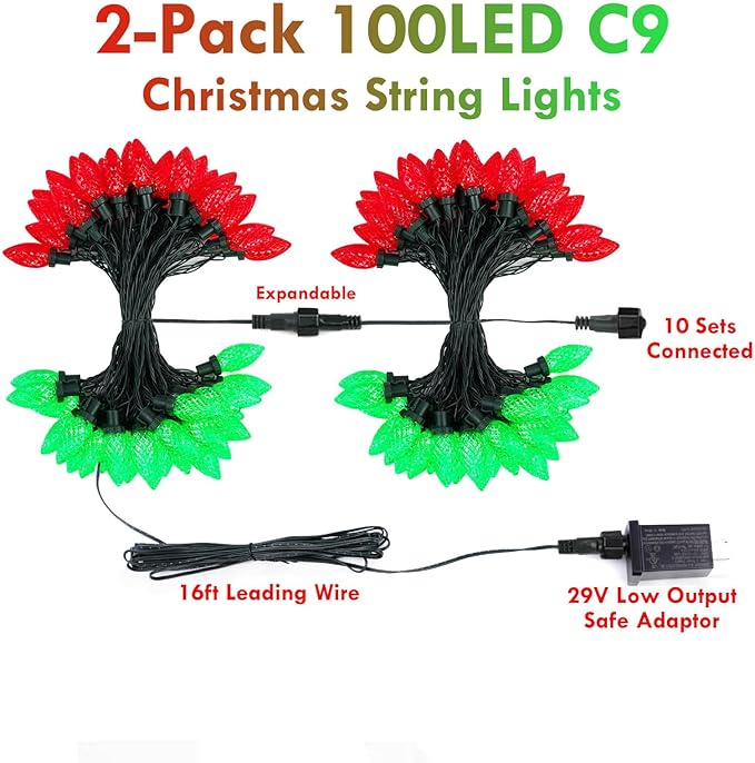 2-Pack C9 Christmas String Lights, 100LED 66FT Waterproof Connectable Green Wire, Plug in Led Outdoor/Indoor Fairy String Lights, for Xmas Tree Garden Patio Wedding Party Decorations (Red and Green)
